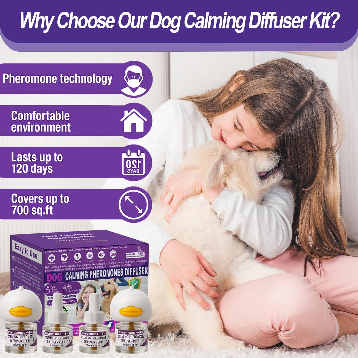Dog Calming Pheromones Diffuser 6 in 1 Kit Appeasing Pheromone Diffuser to Calm (2 Plug in+4 Pack 48ml Refill) for Anxiety Relief Reduce Aggression Fighting Barking Stress 120 Day Supply (Purple)