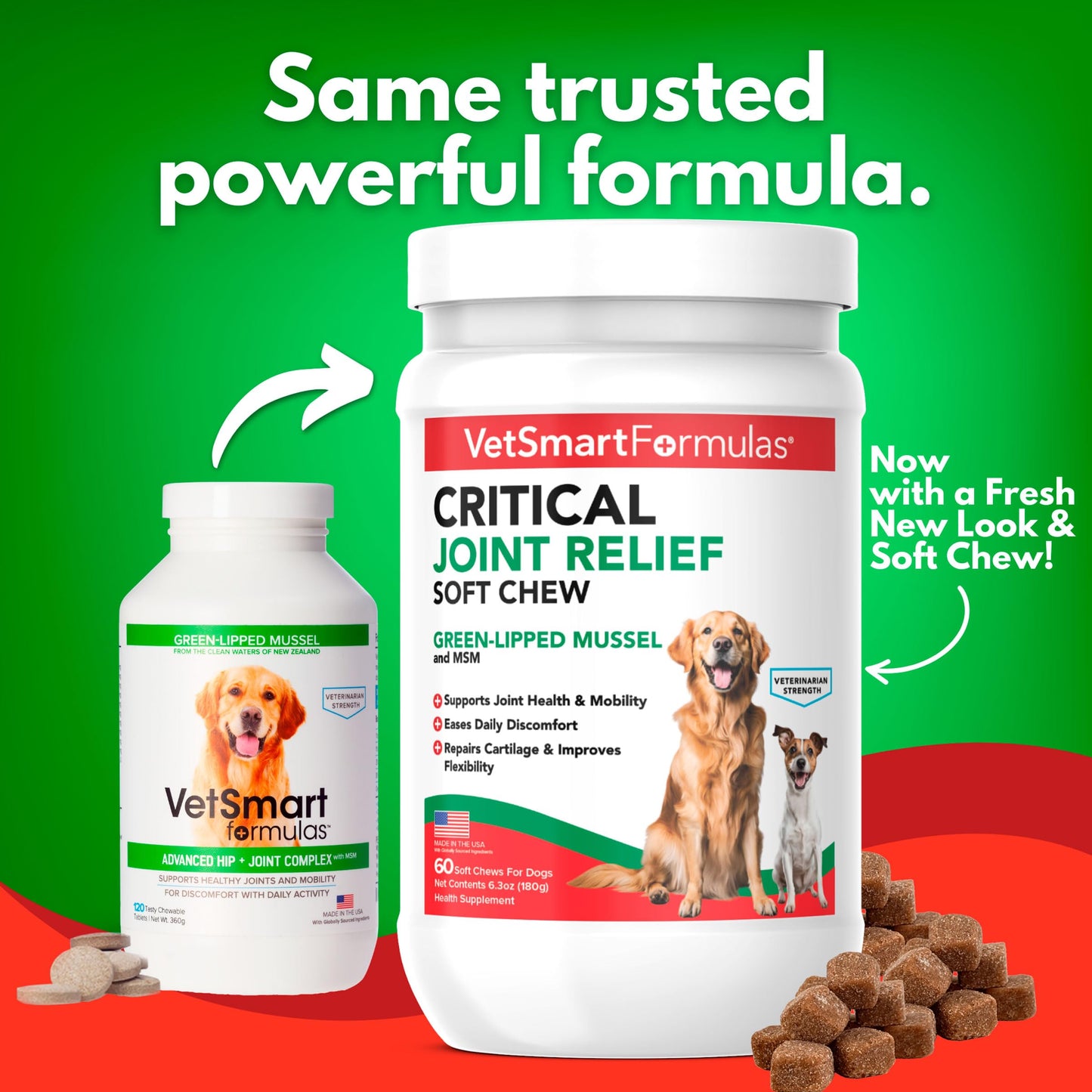 VetSmart Formulas Critical Joint Relief Soft Chew for Dogs – Hip & Joint Supplement with Glucosamine, MSM, Green-Lipped Mussel – Joint Discomfort, Hip Dysplasia & Mobility Support, Made in USA