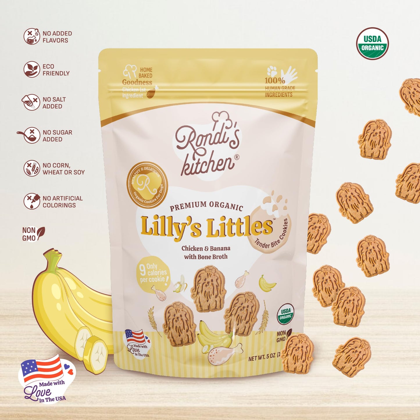 Rondi's Kitchen Lilly's Littles All-Natural & Organic Healthy Soft Dog Treats, Healthy Snacks for Small Dogs, Puppies, and Seniors, Tender Bite Cookies, Human Grade - Chicken & Banana