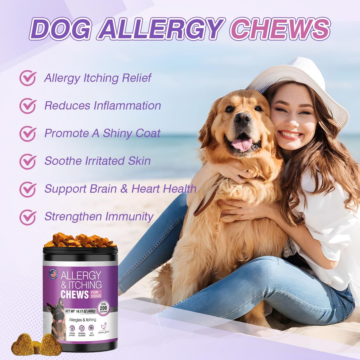 Dog Allergy Chews 200ct - Dog Allergy and Itching Skin Relief Anti Itch Aller Immune Bites for Dogs licking Itching Paws Treatment Itchy Relief Chew Probiotics Vitamins for Skin and Coat Allergies