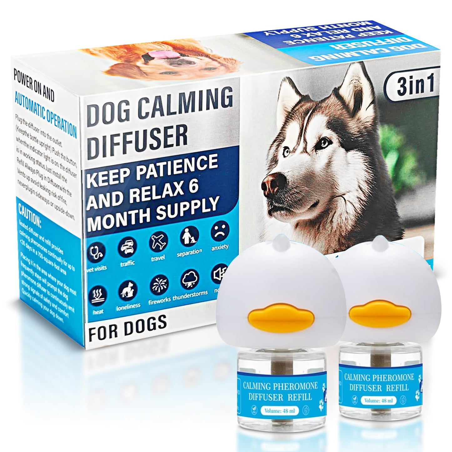 Dog Calming Pheromones Diffuser 3 in 1 Kit Appeasing Pheromone Diffuser to Calm (2 Plug in+2 Pack 48ml Refill) for Anxiety Relief Reduce Aggression Fighting Barking Stress 60 Day Supply(Tasteless)