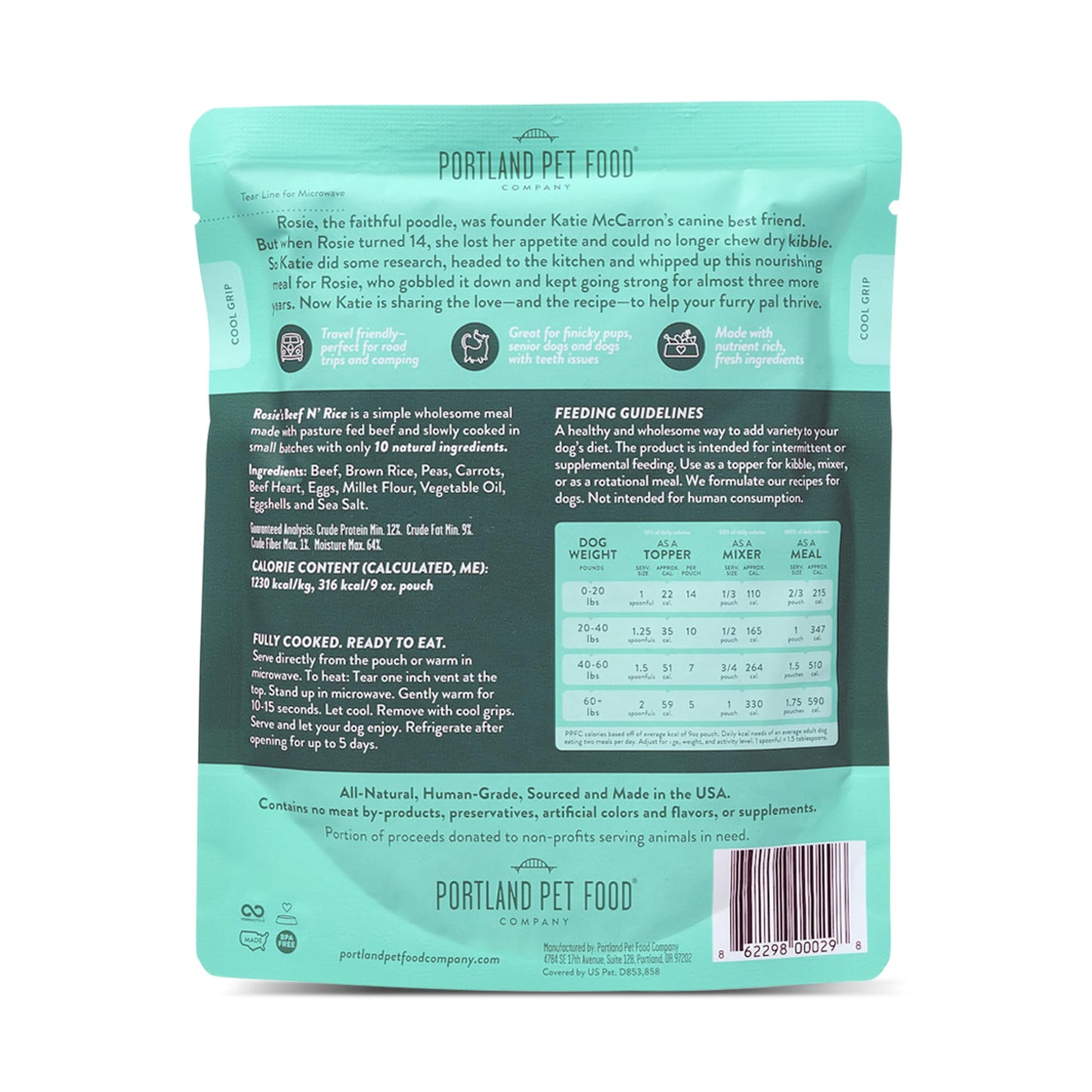 Portland Pet Food Company Rosie’s Beef N' Rice Fresh Dog Food Pouches - Human-Grade, Gluten-Free Wet Pet Meal Topper & Mixers - Small & Large Breed Puppy & Senior Dogs - Made in The USA - 5 Pack