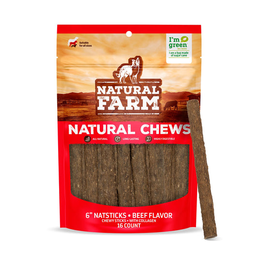 Natural Farm Natsticks Beef Chewy Sticks with Collagen (16-Pack), Made from Premium All-Natural Beef, Great for Small, Medium, Large Dogs, Protein-Rich, Quick-Chew Treats, Highly Digestible