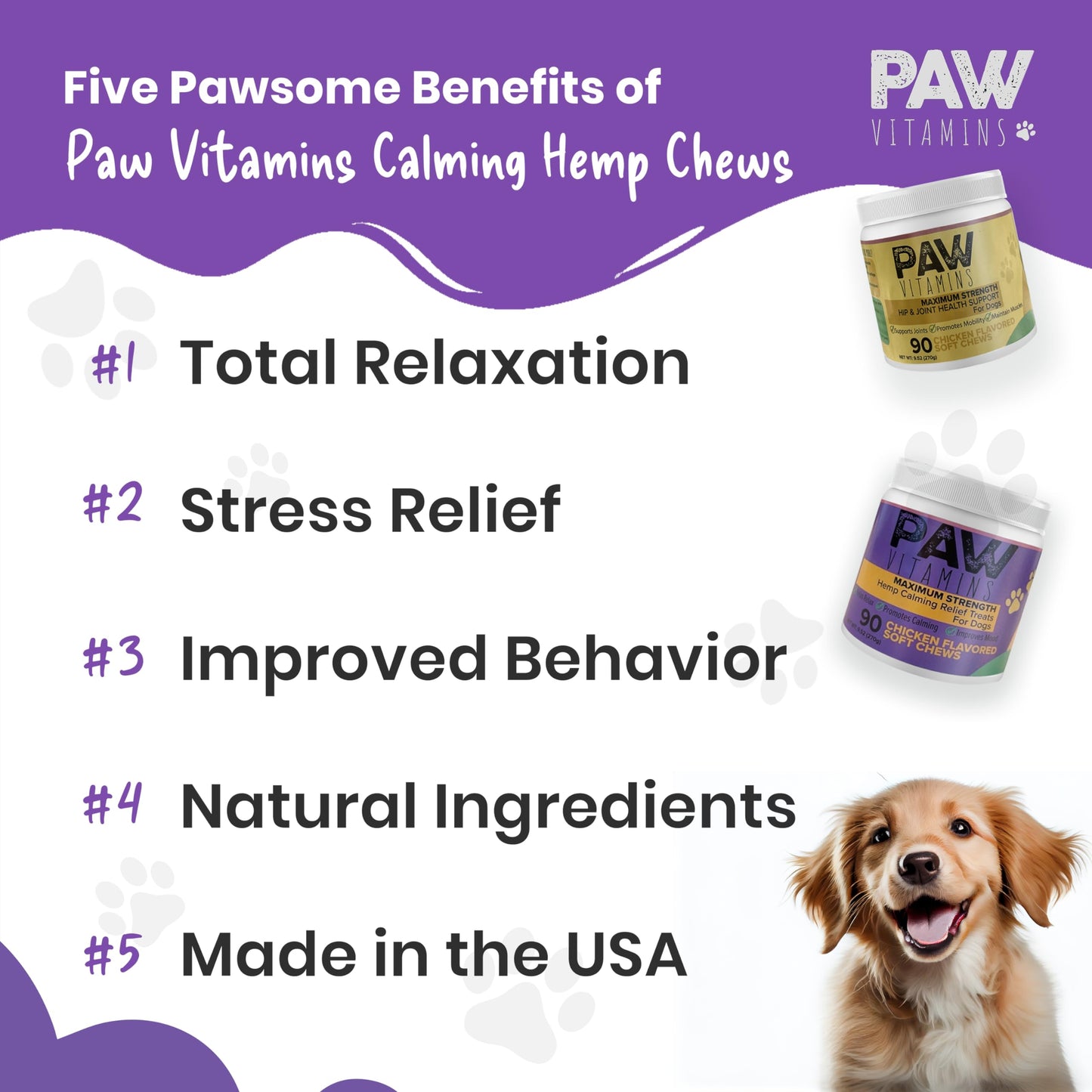 Paw Vitamins Natural Calming Dog Chews (Made in The USA) - with Hemp Oil, Chamomile, Tryptophan, Melatonin & Valerian Root - 90 Count - No THC