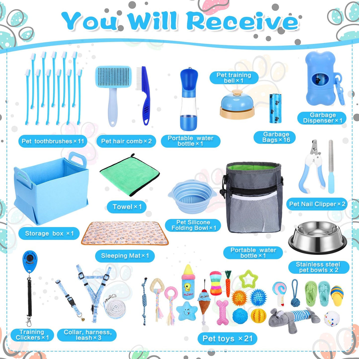 PullCrease 65 Pcs Puppy Supplies Starter Kit Small Dog Essentials Includes Dog Leash, Toys, Bowl, Brushes, Water Bottles, pet Blankets Puppy Accessories for New Welcome Gift Supplies(Cool,Blue)