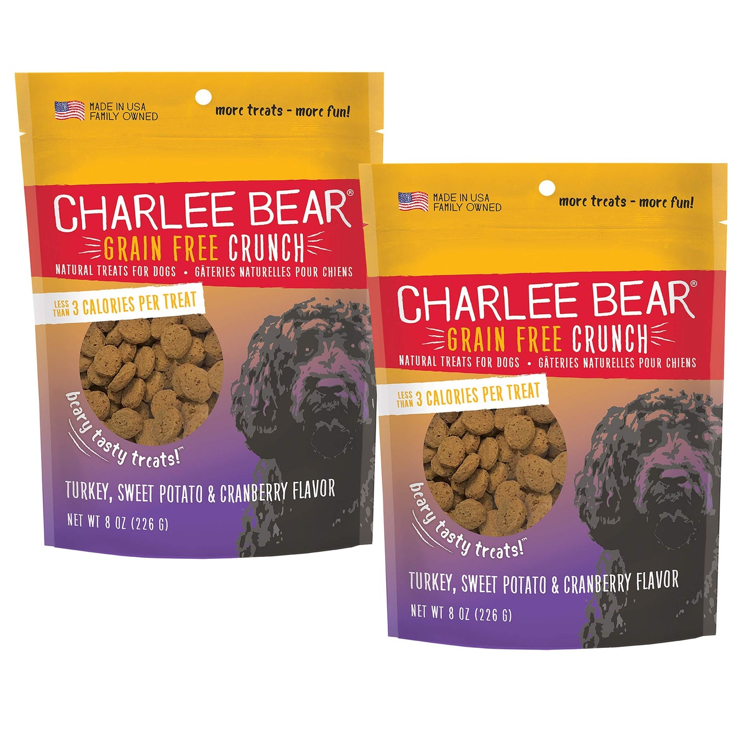Charlee Bear Grain Free Crunch Turkey, Sweet Potato & Cranberry Dog Treats, 8 oz (2-pack) - Made in the USA, Natural Training Treats for Dogs