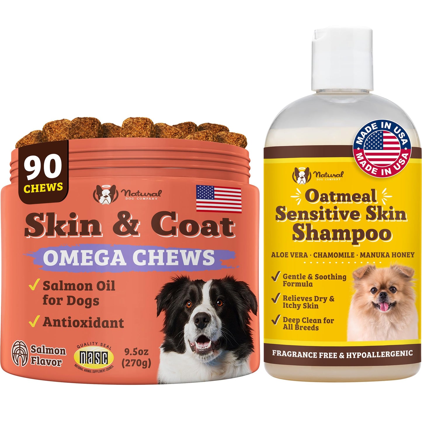 Natural Dog Company Skin & Coat Chews (90-pcs) Bundle with Sensitive Oatmeal Shampoo (12 oz) | Daily Supplement with Sensitive Shampoo | Gentle Cleaning for Healthier and Coats