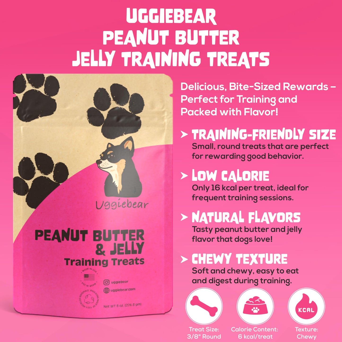 Uggiebear Grain Free, All Natural, Peanut Butter & Jelly Flavored, Healthy Low Calorie Dog Treats, Made in The USA