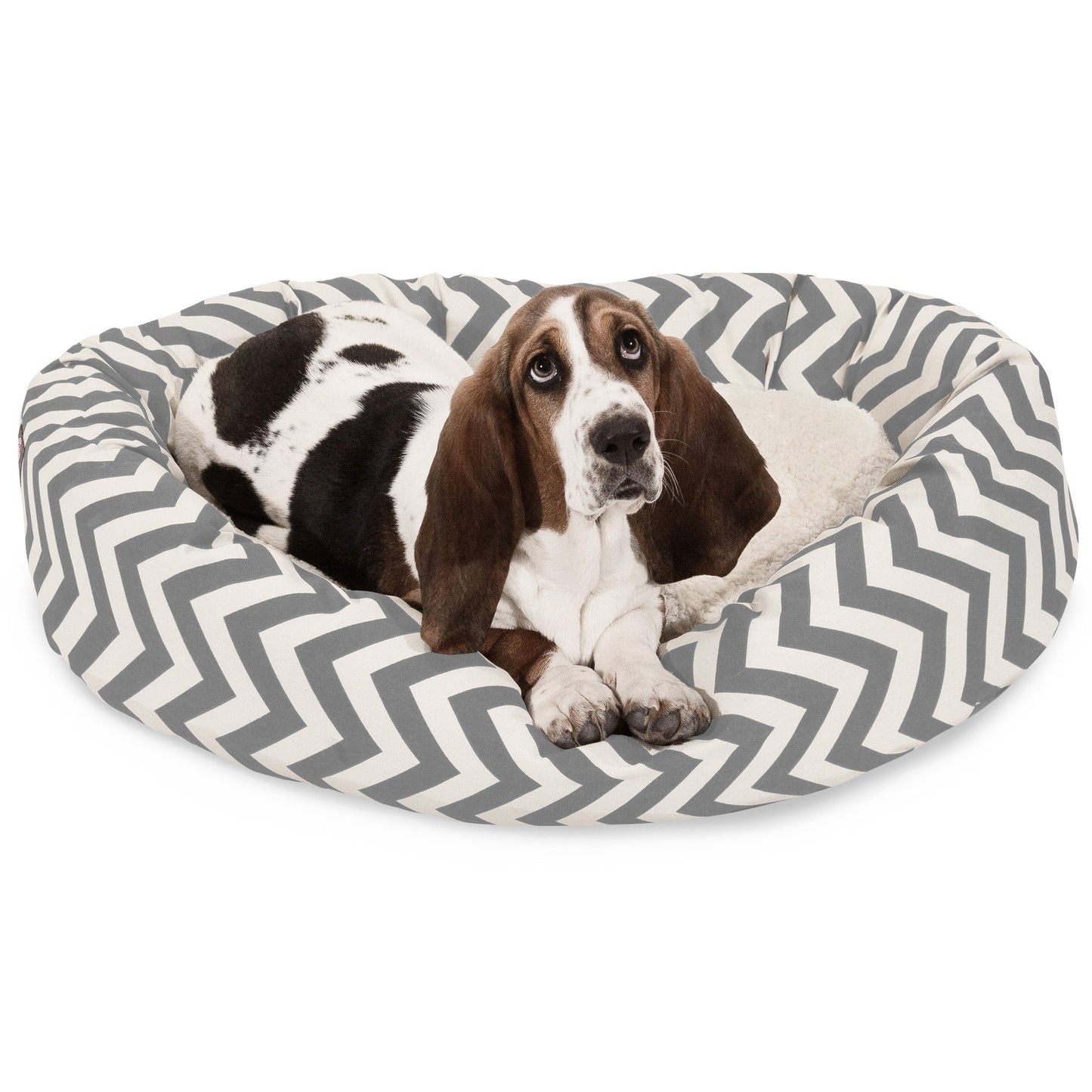 Majestic Pet 32 Inch Chevron Sherpa Calming Dog Bed Washable – Cozy Soft Round Pet Beds with Spine for Head Support - Fluffy Donut Bed 32x23x7 (inch) – Medium - GRAY