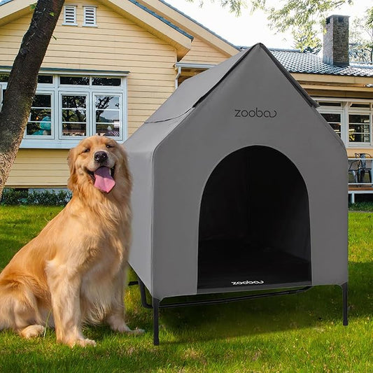 48" XL Outdoor Dog House – Weatherproof Elevated Pet Shelter, Breathable Mesh & Steel Frame, Easy to Assemble & Clean, Large Dog Houses for All Seasons (Grey)