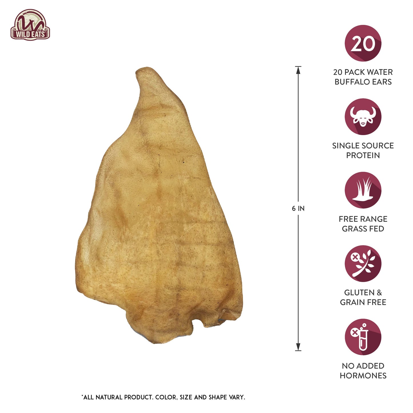 Wild Eats Water Buffalo All Natural Ear Dog Chews, Dog Treats & Snacks - 20 Piece Value Pack (Grain Free Treats - Great Alternative to Pig Ears, Cow Ears, Bones & Rawhides)
