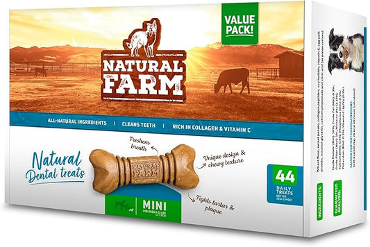 Natural Farm All-Natural Dog Dental Chew, Dog Teeth Cleaning Treats - Fresh Breath, Fight Plaque & Tartar - Canine Mess-Free Oral Care, Teeth Cleaning Chews for Dogs 5-15 Lbs (44 Counts)