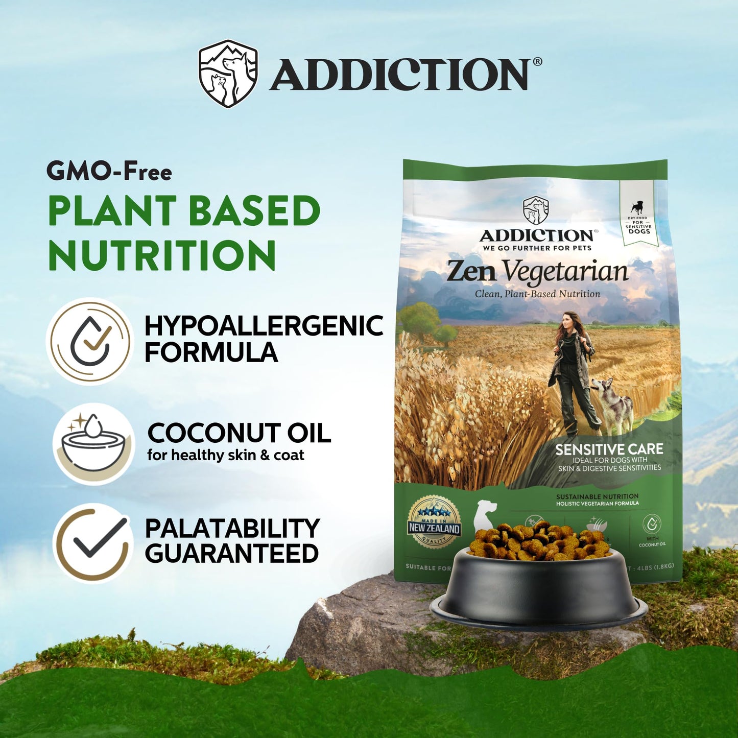 Addiction Zen Vegetarian Dry Dog Food - Plant-Based Protein for Dogs with Meat Allergies & Sensitive Skin - Vegetarian Dog Food for All Life Stages - Made in New Zealand 20lb