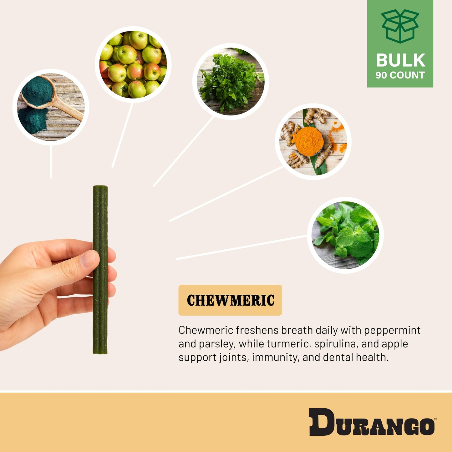 Durango Chewmeric Dental Sticks for Dogs – 6” Plant-Based Dog Chews with Turmeric, Spirulina, and Peppermint – Fresh Breath & Joint Support – Grain-Free Vegan Treats – Made in USA (6 Count)