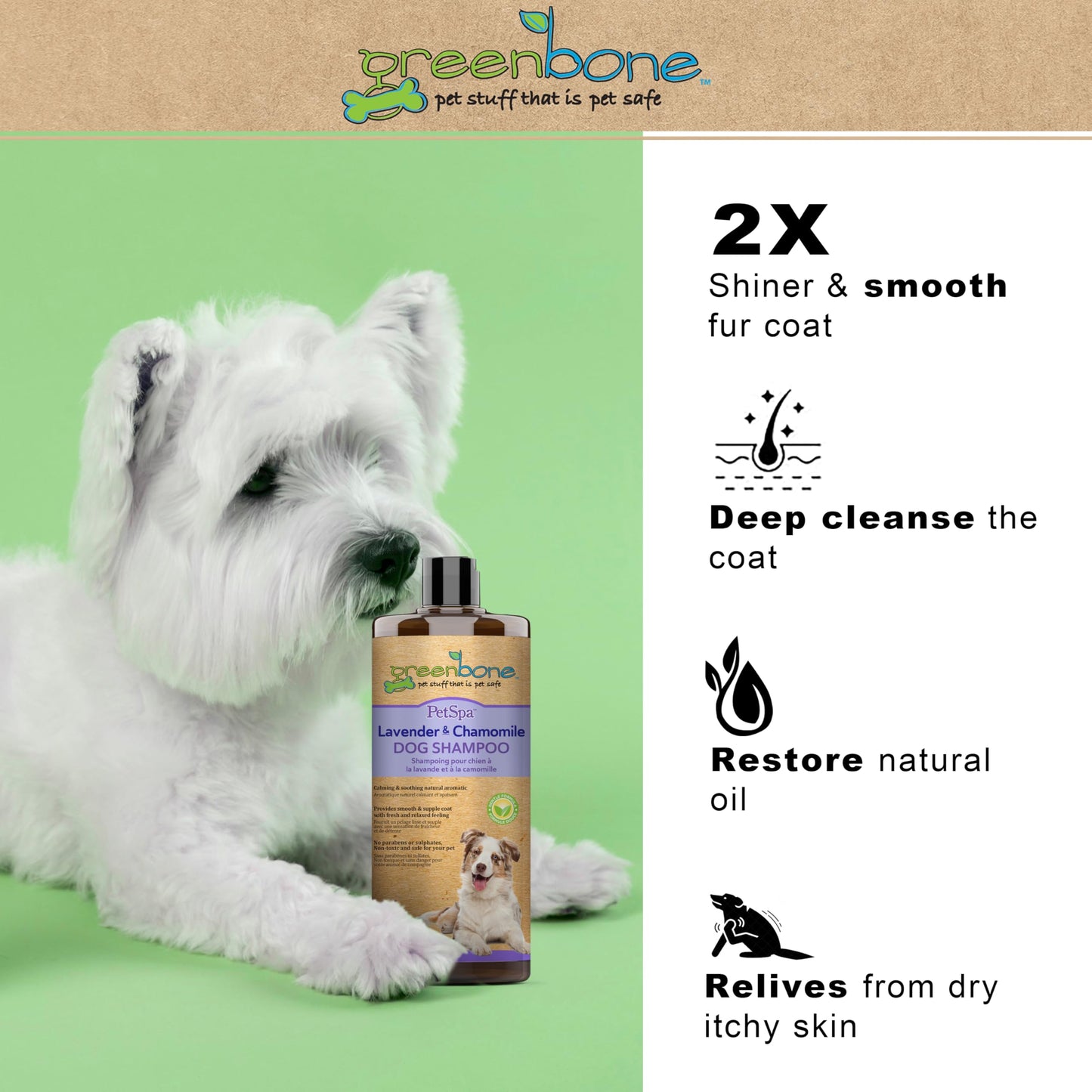 Greenbone Pet Spa Lavender & Chamomile Dog Shampoo - Calming, Soothing, Gentle Grooming Solution, 33 fl oz, Safe & Natural Formula