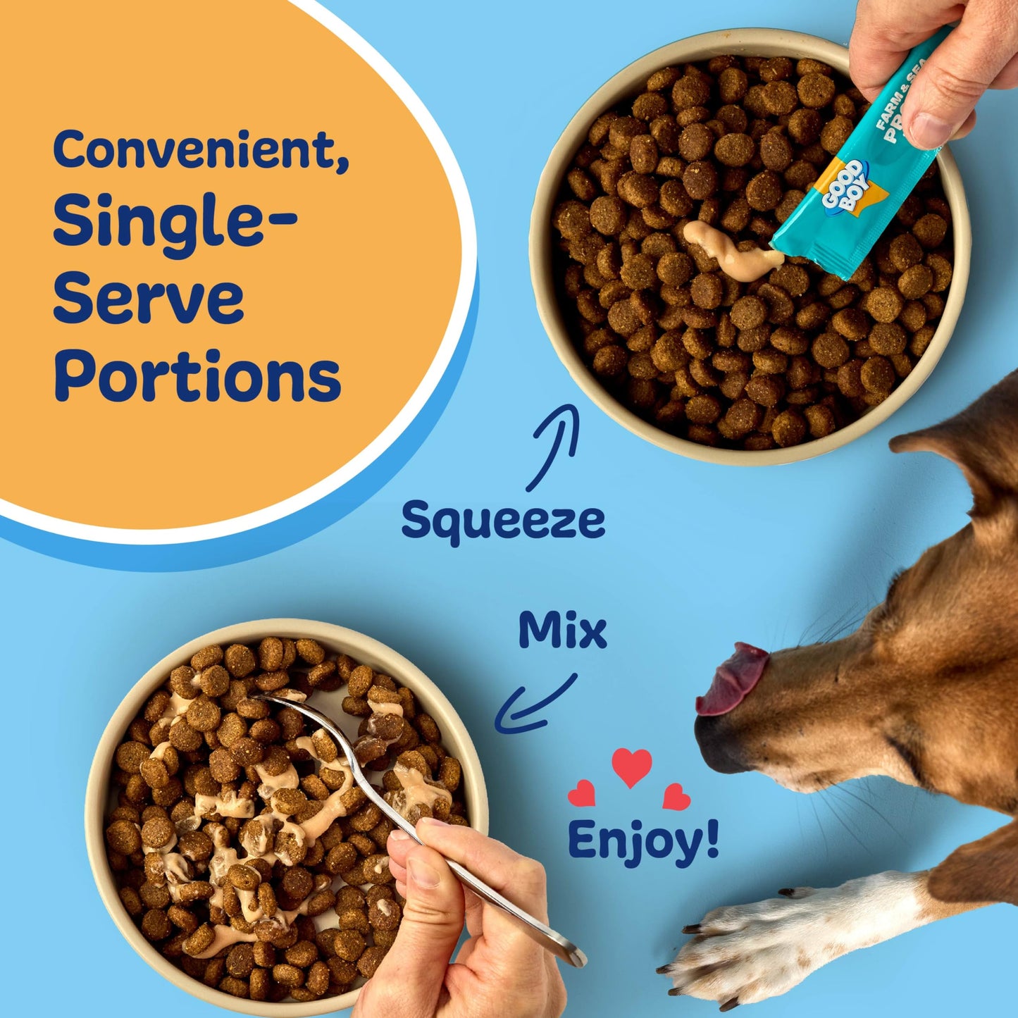 GOOD BOY Farm & Sea Protein Purees Dog Food Mixers for All Adult Dogs, 30 Count, Easy Single-Serve Triple Flavor Topper Treats with Tuna, Chicken and Duck