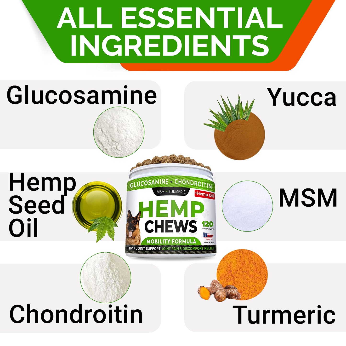 STRELLALAB Hemp Treats + Glucosamine for Dogs - Hip & Joint Supplement - w/Hemp Oil + Protein - Chondroitin, MSM, Turmeric to Improve Mobility & Energy - Natural Joint Pain Relief - Bacon Flavor