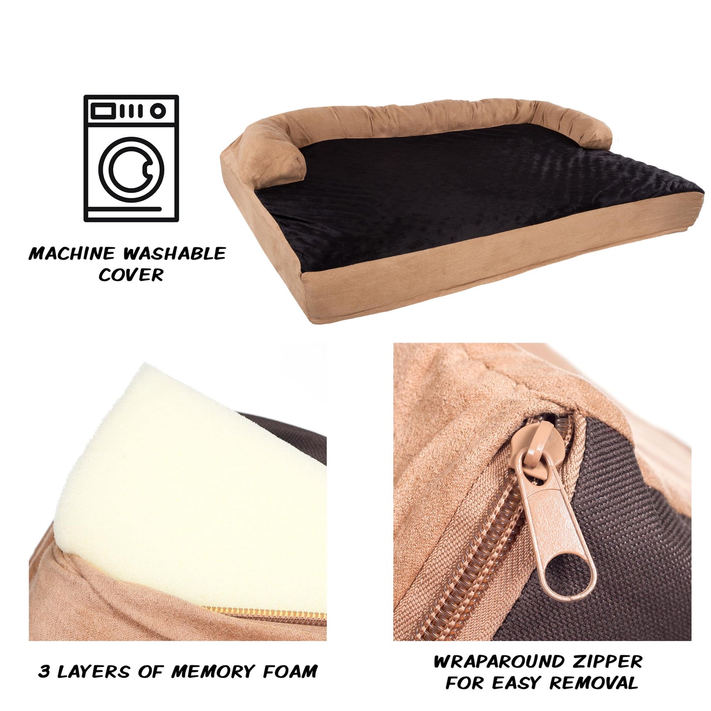 PETMAKER Extra-Large Dog Bed – 45.5 x 32 Pet Bed - 3-Layer Orthopedic Dog Sofa with Cooling Gel, Memory Foam and Neck Bolster (Tan/Black), XL