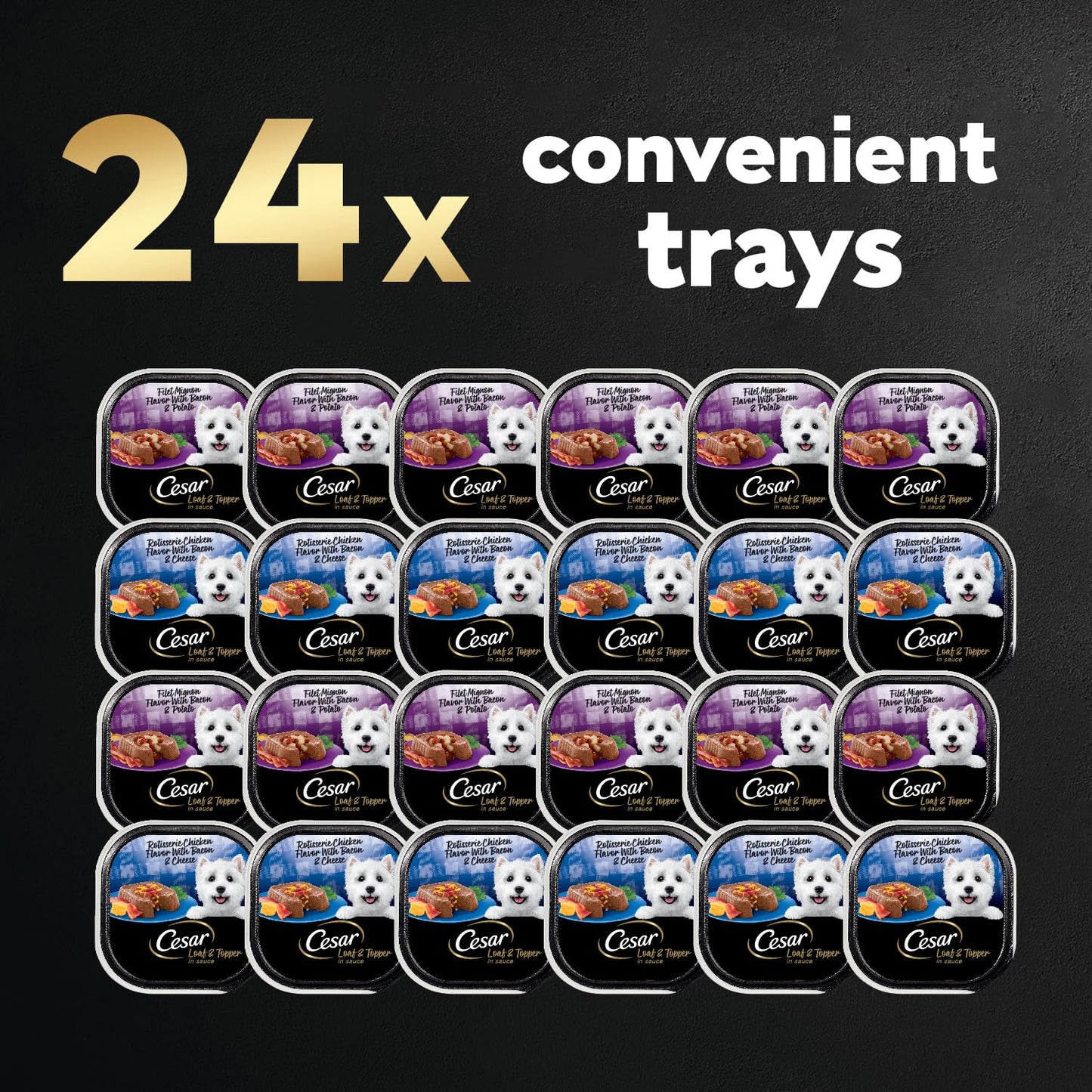 Cesar Wet Dog Food Loaf in Sauce Rotisserie Chicken Flavor with Bacon & Cheese and Filet Mignon Flavor with Bacon & Potato Variety Pack, 3.5 oz. Easy Peel Trays (12 Count, Pack of 2)