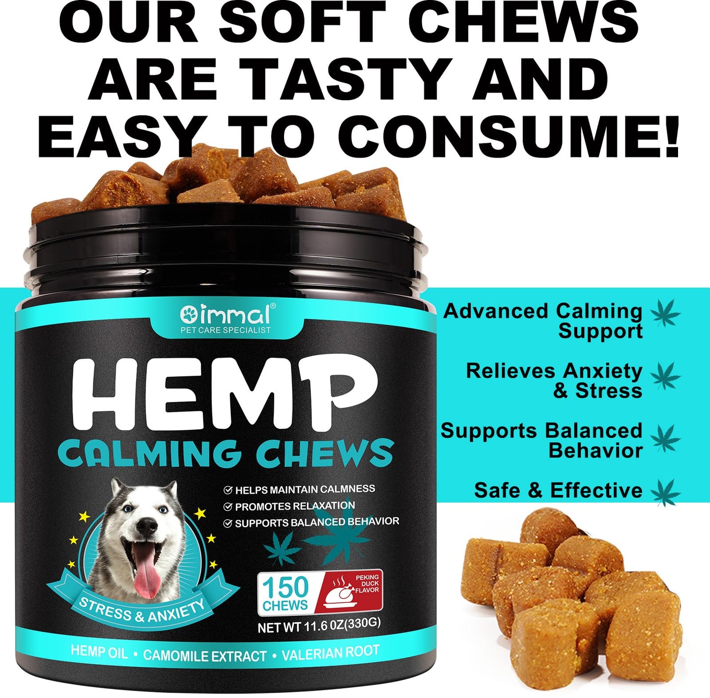 Hemp Calming Chews for Dogs 150 Count (11.6 oz), Dog Calming Treats, Helps with Dog Anxiety, Separation, Barking, Stress Relief, Melatonin for Dogs, Sleep Calming Aid, for All Breeds & Sizes
