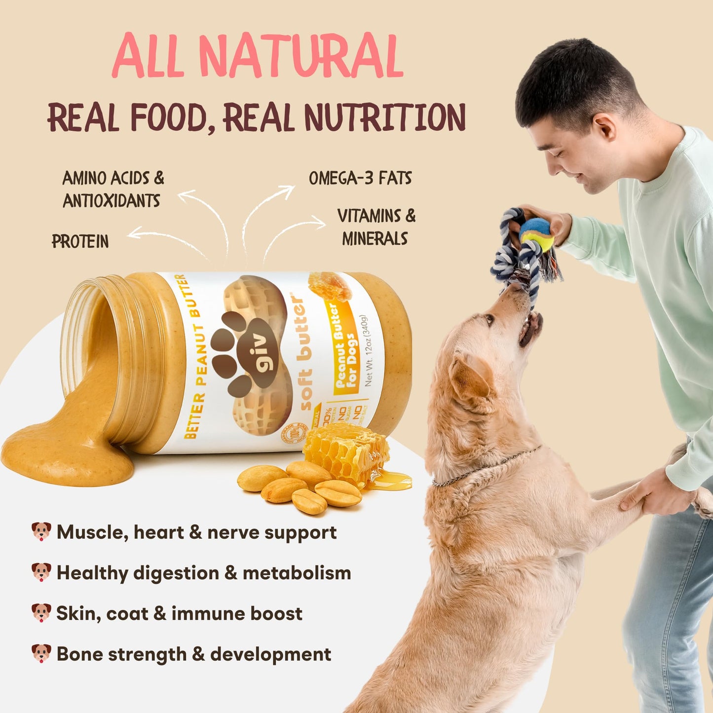 Dog Peanut Butter - All Natural Human Grade - 2 Ingredients (Peanuts & Honey) - Perfect for Pill Pockets, Lick Mat, Training Treats and Healthy Food, 4oz Pouches (Pack of 9)