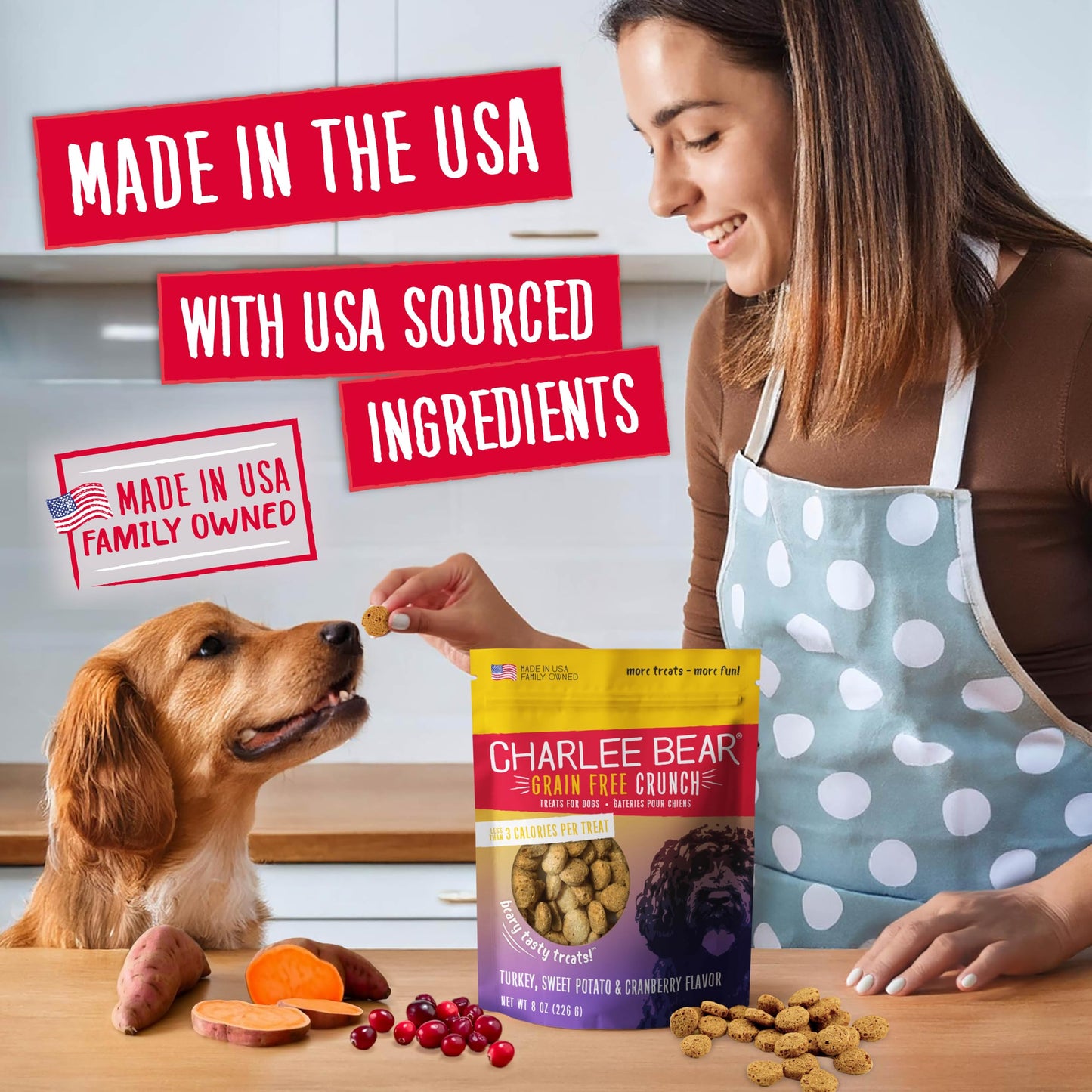 Charlee Bear Dog Training Treats for Small, Medium & Large Breeds, Crunchy Low Calorie Grain Free Dog Treats, USA Made, Three Flavor Variety 6 Pack, 8oz Each