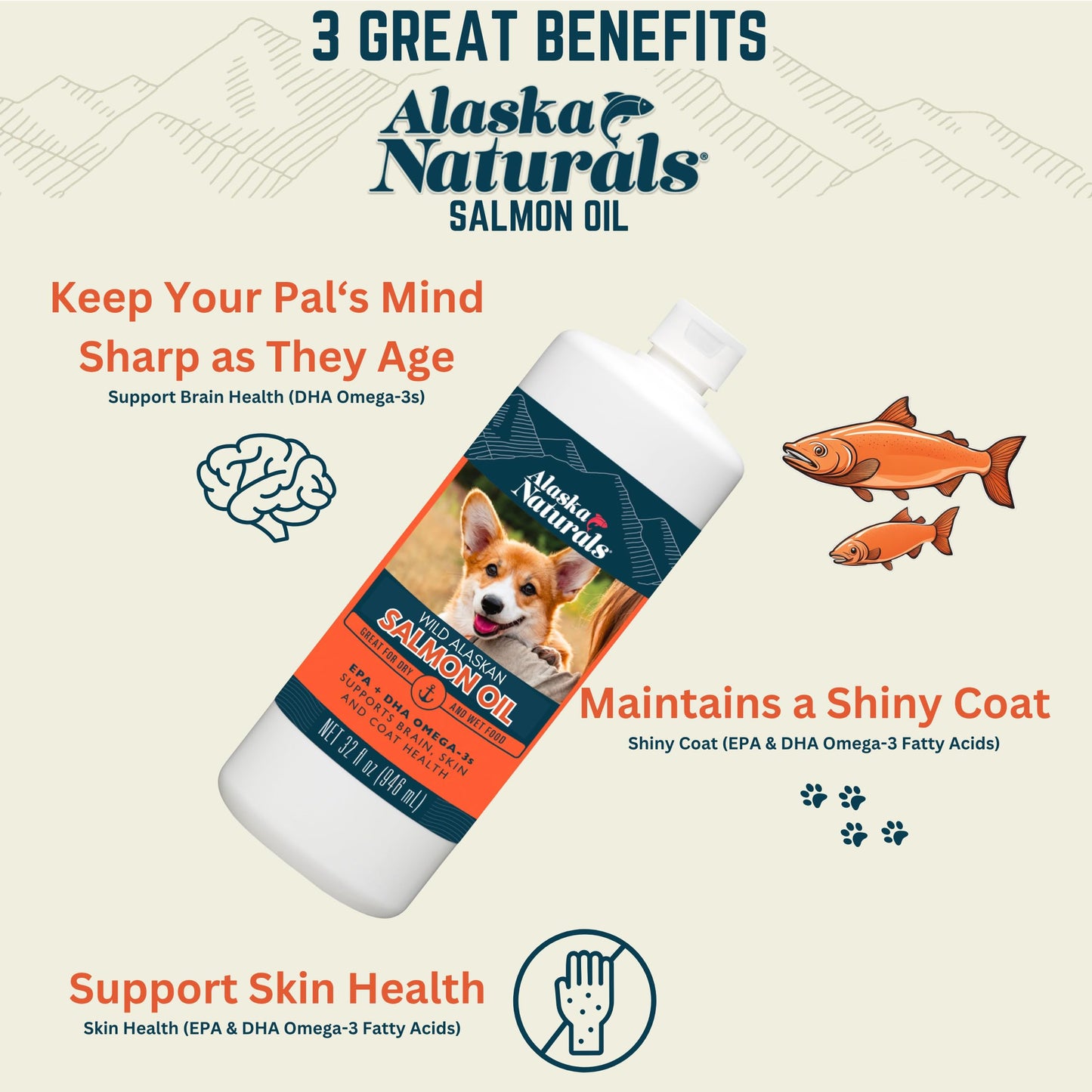 Alaska Naturals Wild Alaskan Salmon Fish Oil Supplement for Dogs Skin and Coat with EPA DHA Omega 3 Fatty Acids Liquid Food Topper 32 oz.