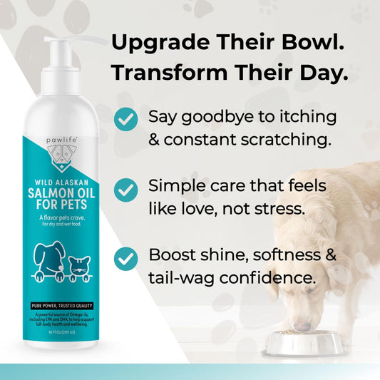 Pawlife Wild Alaskan Salmon Oil for Dogs and Cats - Omega-3s, including EPA and DHA, to Help Support Full-Body Health and Wellbeing for Sensitive Skin, Coat Health and Immune System Support - 10 Fl Oz