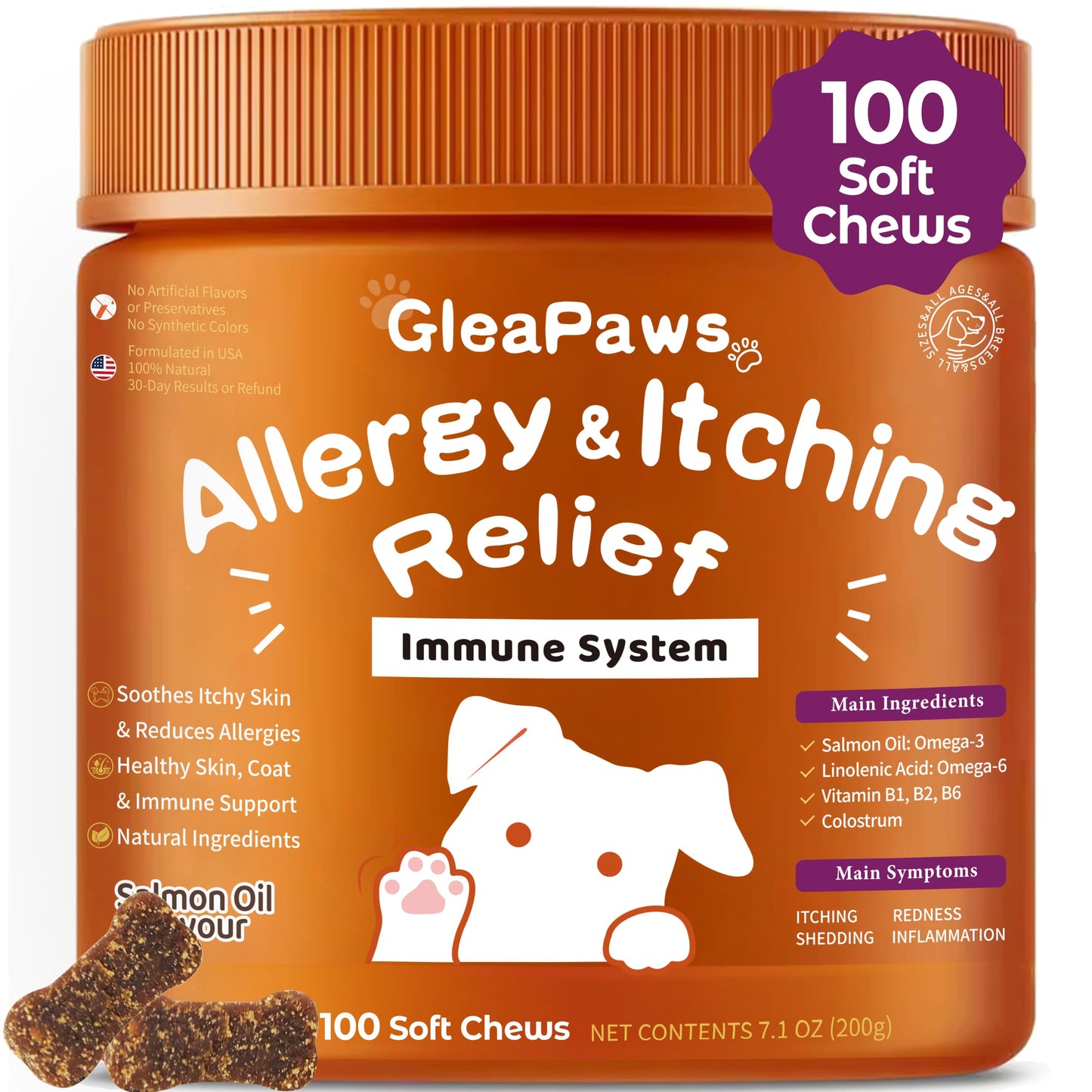 GleaPaws Dog Allergy & Itch Relief Supplement - Salmon Oil Omega-3, Omega-6, Vitamin B1/B2/B6, Colostrum Probiotics for Seasonal Allergy, Hot Spots, Paw Licking, 100 Chews, Store in Dry Place