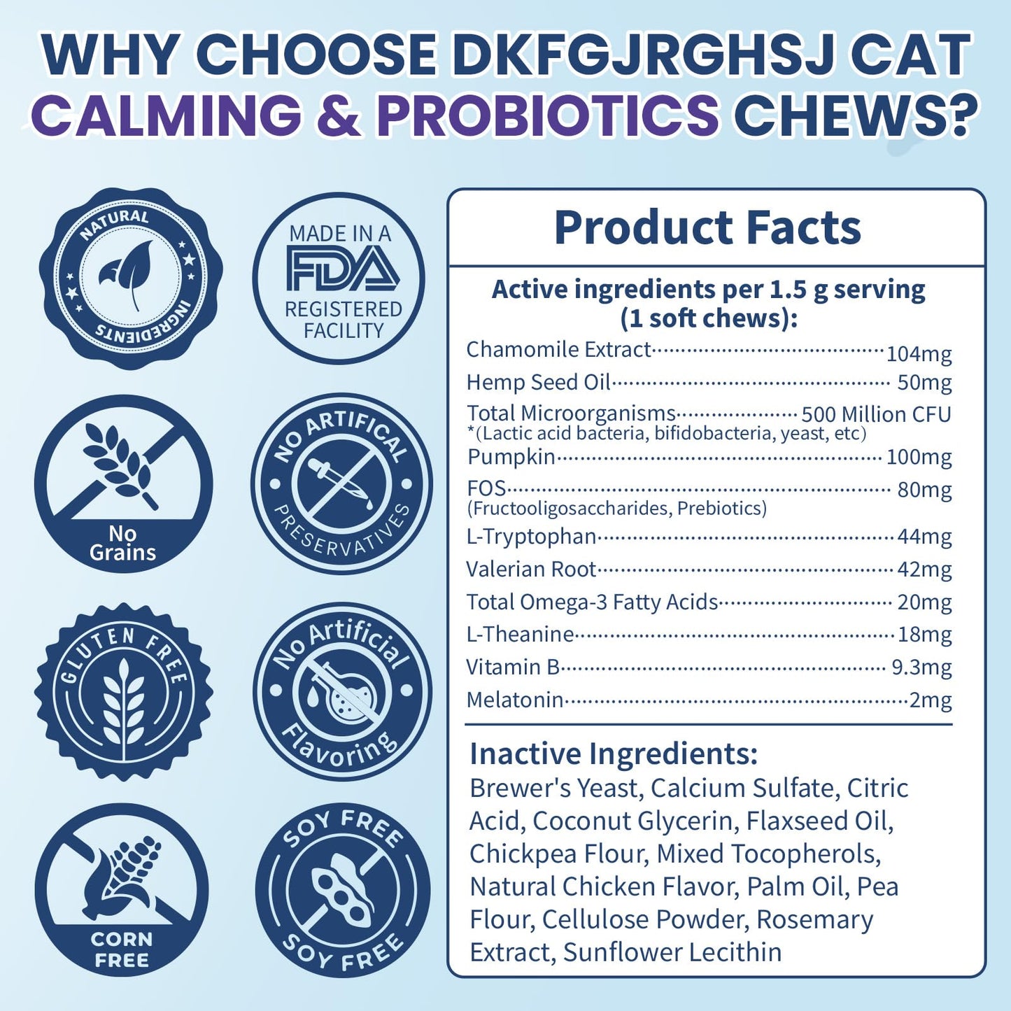 DKFGJRGHSJ Cat Calming Treats, 200 Soft Chews Hemp Calming for Cats Gut Health with Probiotics, Calm Cat Treats for Anxiety and Stress Relief & Probiotic for Cats Digestive Health Chicken Flavor
