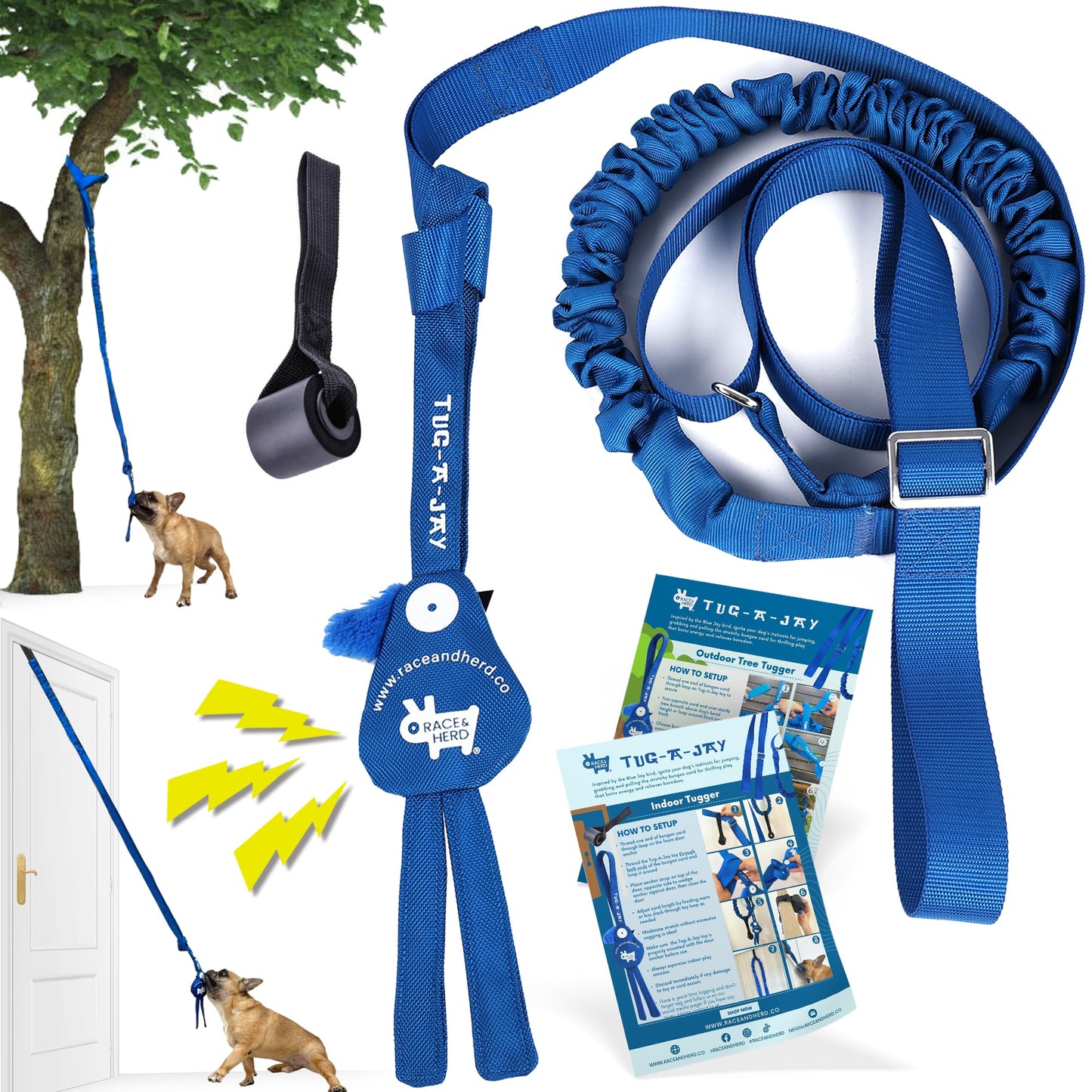 Race&Herd Tug-A-Jay Tree Tugger - Tether Tug Outdoor Dog Toy, Dog Tether Bungee Tug Toy, Tug of War Dog Toys, Dog Backyard Play Equipment Rope, Yard Dogs Playground Equipment, Puppy Outdoor Play