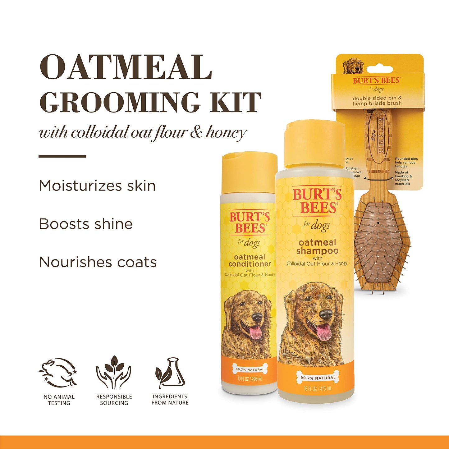Burt's Bees Bundle Oatmeal Grooming Kit | Includes Oatmeal Dog Shampoo and Conditioner with Colloidal Oat Flour and Honey, and Double Sided Pin & Bristle Brush