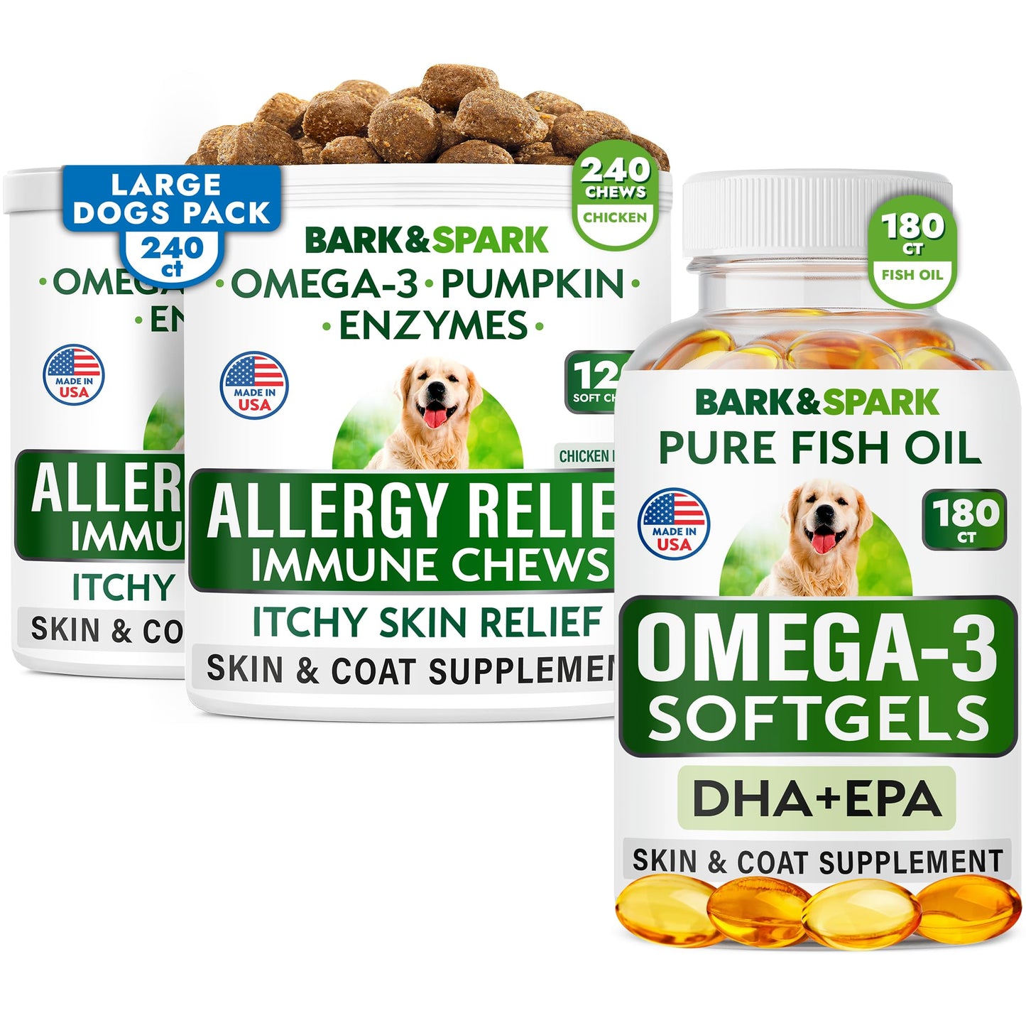 BARK&SPARK Allergy Relief + Omega 3 Bundle - Anti-Itch Skin & Coat + Skin Allergy - Omega 3 Fish Oil + EPA&DHA Fatty Acid - Itching&Paw Licking + Joint Health - 240 Chews + 180 Softgels - Made in USA