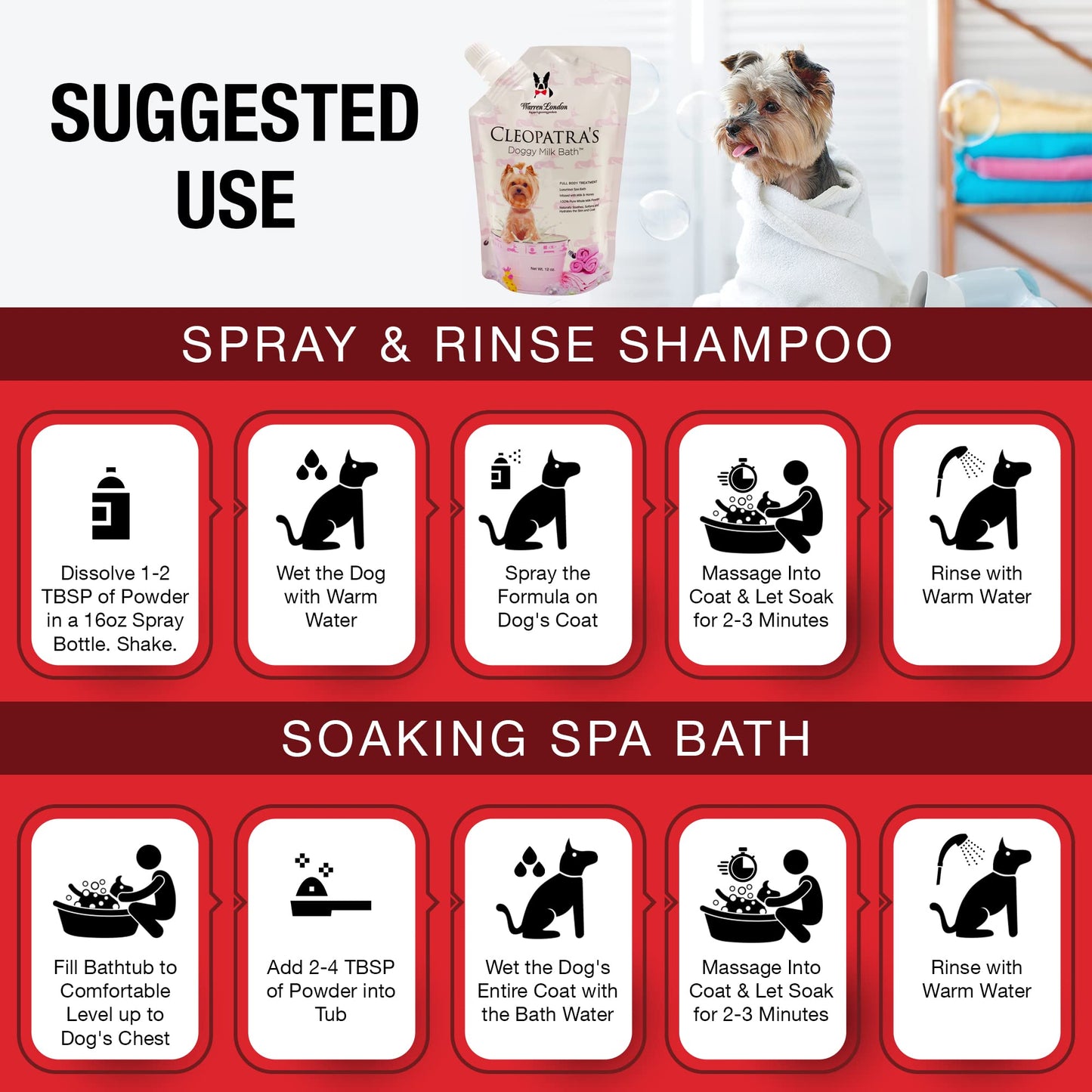 Warren London Cleopatra's Doggy Milk Bath | Luxurious Dog Shampoo and Conditioner w/Whole Milk Powder and Honey for Silky Smooth Coat | Use as a Full Bath Soak or Spray On Dog Shampoo | 12oz