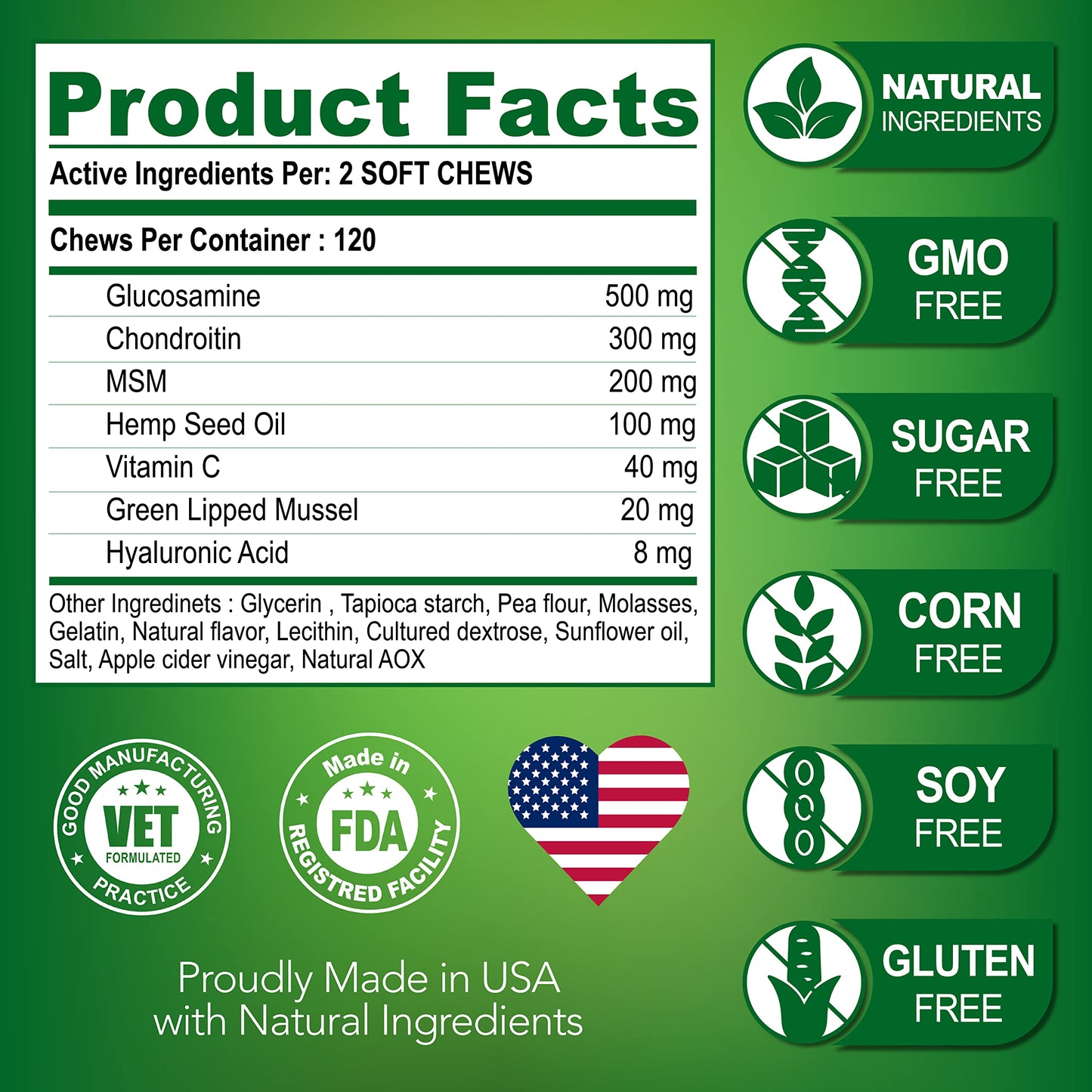 Vet Promise Hemp Hip and Joint Support Supplement for Dogs - Glucosamine for Dogs - Hemp Oil, MSM, Chondroitin - Support for Joint Pain Relief and Health - 120 Soft Chews - Made in USA