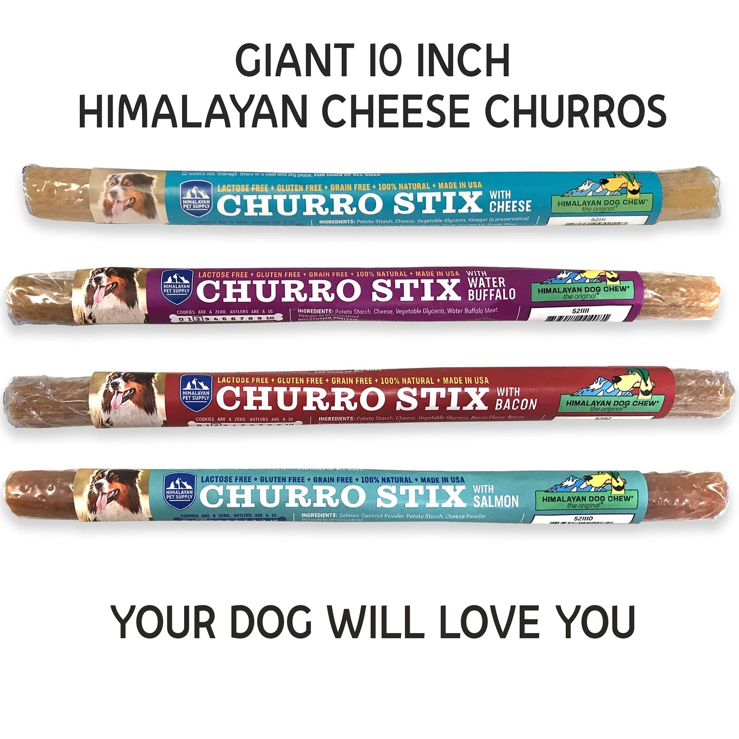 yaky CHURRO Himalayan Cheese Treats | Lactose Free - Gluten Free - Grain Free | USA Made | for All Breeds | 1 x 10 inch Churro | Real Bacon Flavor