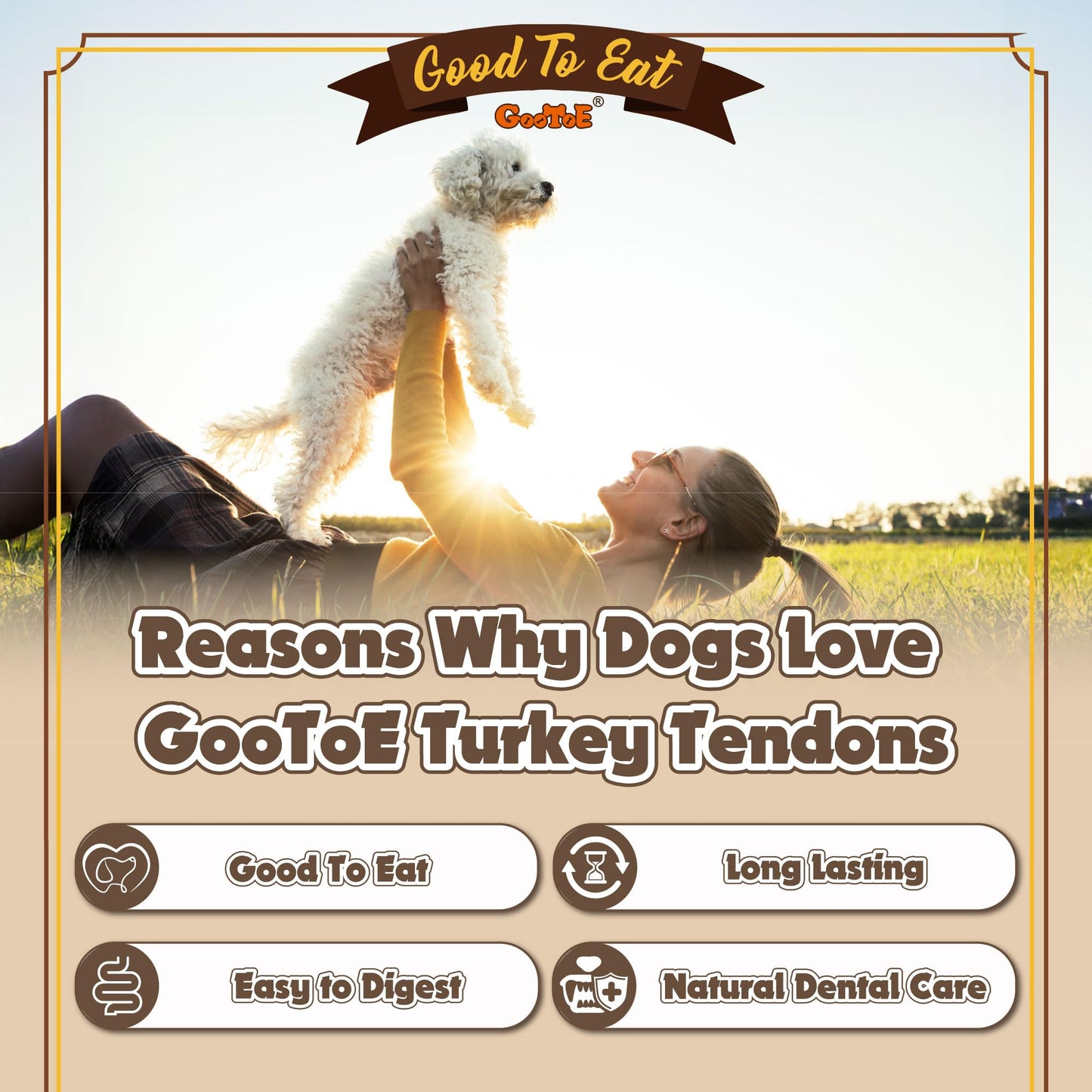 Gootoe Turkey Tendon Dog Treats, Bone (L) 3.53 oz, USA-Sourced Turkey Tendon, Natural Snack, Premium Puppy Chews, Hypoallergenic, Reseal Value Bags, Size for Large Dogs