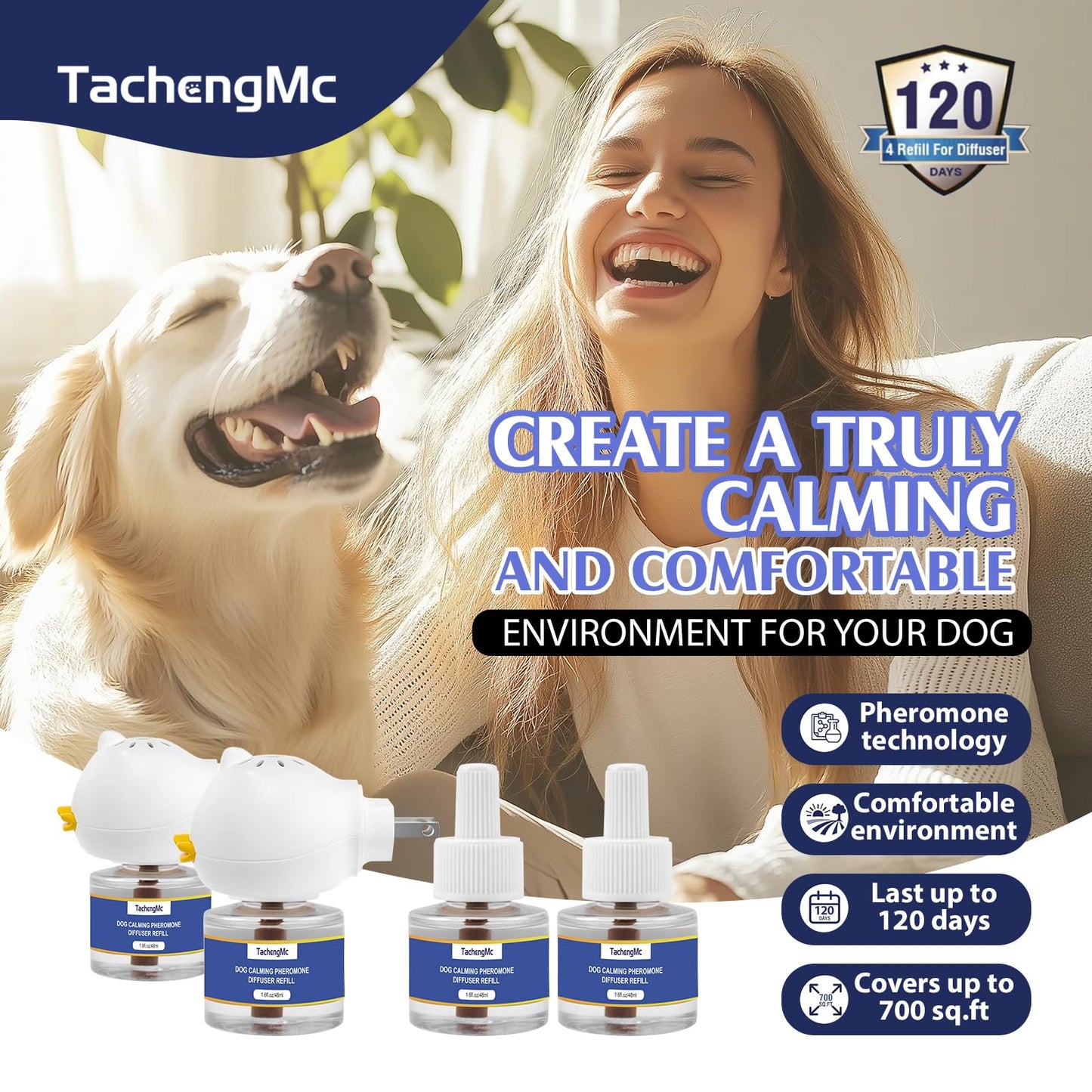 Dog Calming Pheromones Diffuser, 6 in 1 Kit Appeasing Pheromone Diffuser to Calm Dogs, Dog Anxiety Relief Lasting 120 Days with 2 Diffuser + 4 48ml Refill