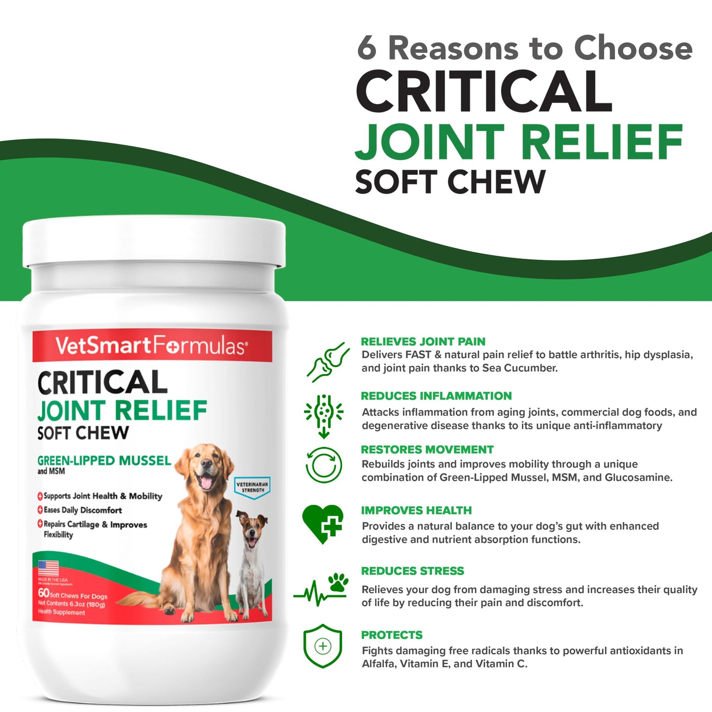 VetSmart Formulas Critical Joint Relief Soft Chew for Dogs – Hip & Joint Supplement with Glucosamine, MSM, Green-Lipped Mussel – Joint Discomfort, Hip Dysplasia & Mobility Support, Made in USA