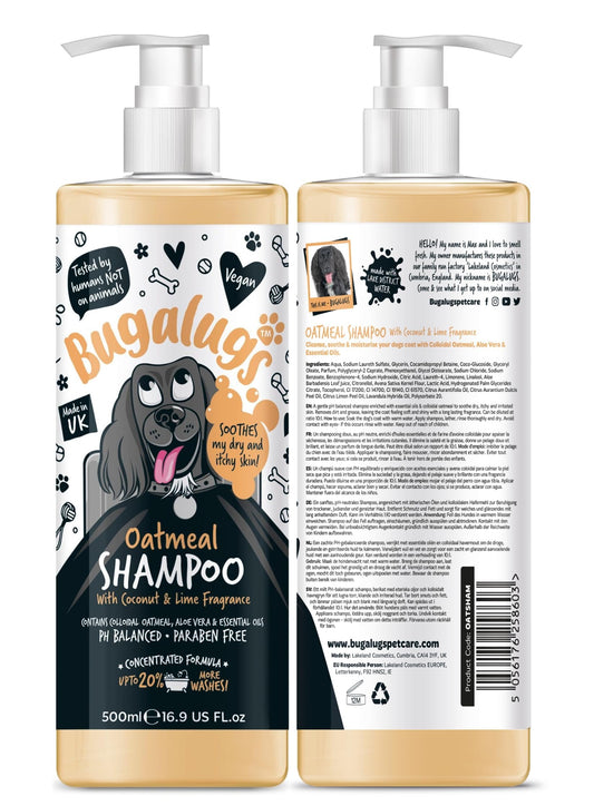 BUGALUGS Oatmeal & Aloe Vera Dog Shampoo Dog Grooming Shampoo Products for Smelly Dogs with Fragrance, Oatmeal Puppy Shampoo, Professional Vegan pet Shampoo & Conditioner