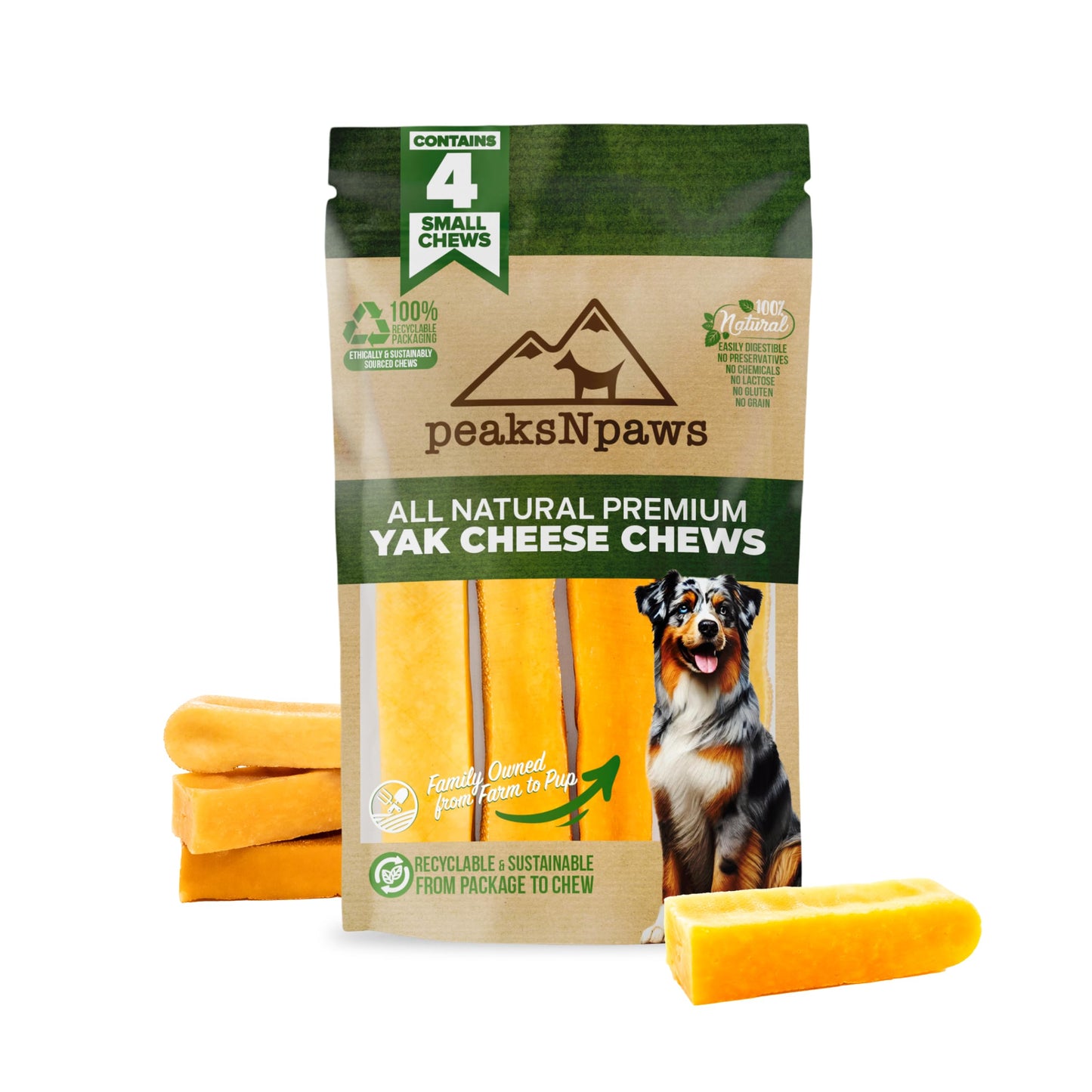 peaksNpaws Himalayan Yak Chews, High Protein Cheese Sticks, Lactose Free, Natural, Long Lasting Dog Treat for Aggressive Chewers Under 15 lbs, 4 Small Treat Sticks, 100% Eco-Friendly Packaging
