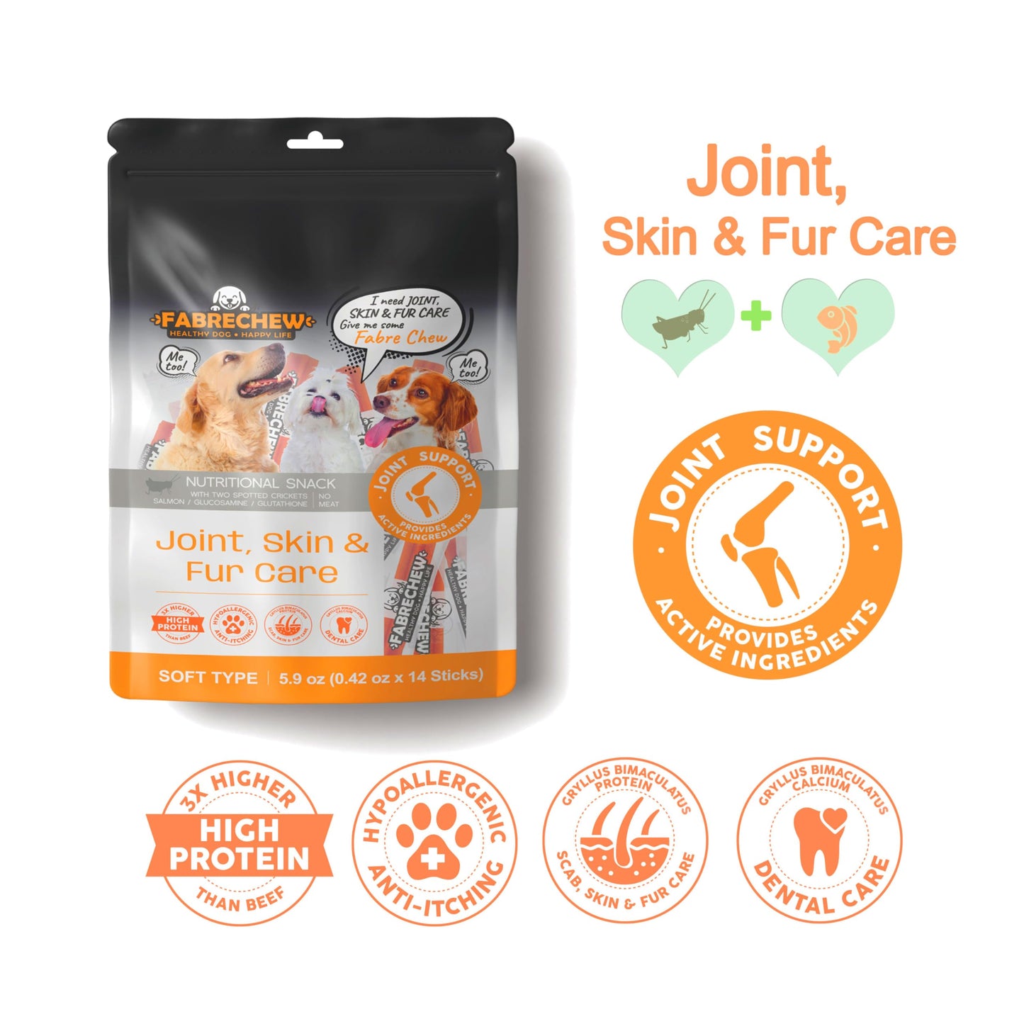 Fabrechew Orange Joint, Skin & Fur Care Cricket & Salmon Protein Dog Treats : High-Protein Dental Snacks, Hypoallergenic, Meat Free, Soft Type (14 Pcs)