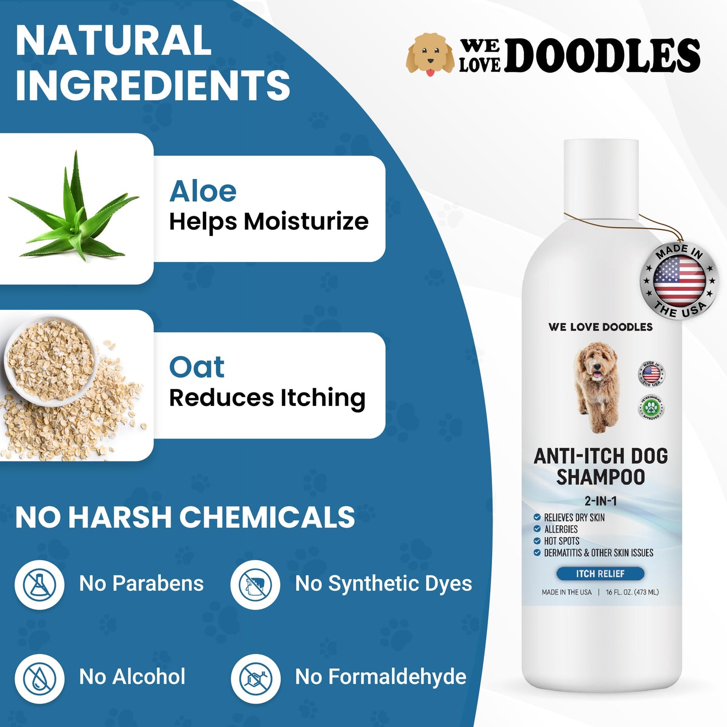 We Love Doodles Anti Itch Dog Shampoo and Grooming Comb - for Sensitive Skin, Dry Skin Treatment, Itching Skin, Allergy Relief, Removes Tangles & Matts, Detangler Comb for Matted Hair, Made in USA