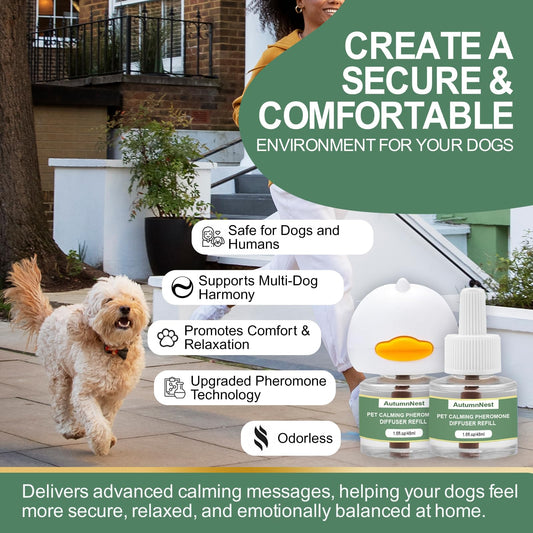 4-In-1 Dog Calming Diffuser Kit with 3 Refills (48ml Each), Plug-in Pheromone Dispenser for Dogs, 90-Day Supply, Covers 700 sq ft, Safe & Odorless Stress Relief Solution, Promotes Relaxed Behavior