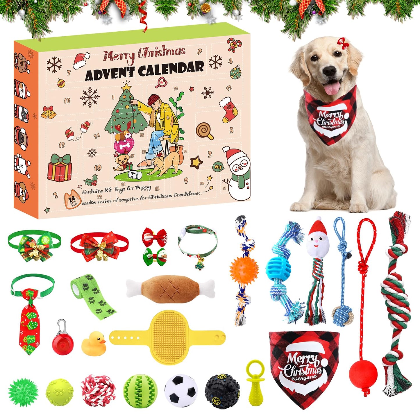 Dog Advent Calendar 2024, Christmas Dog Toys with Chew Ropes Squeaky Balls Teething Toys Dog Bow Tie Collars Bandana, 24 Set Christmas Countdown Calendar Gift for Dog Puppy