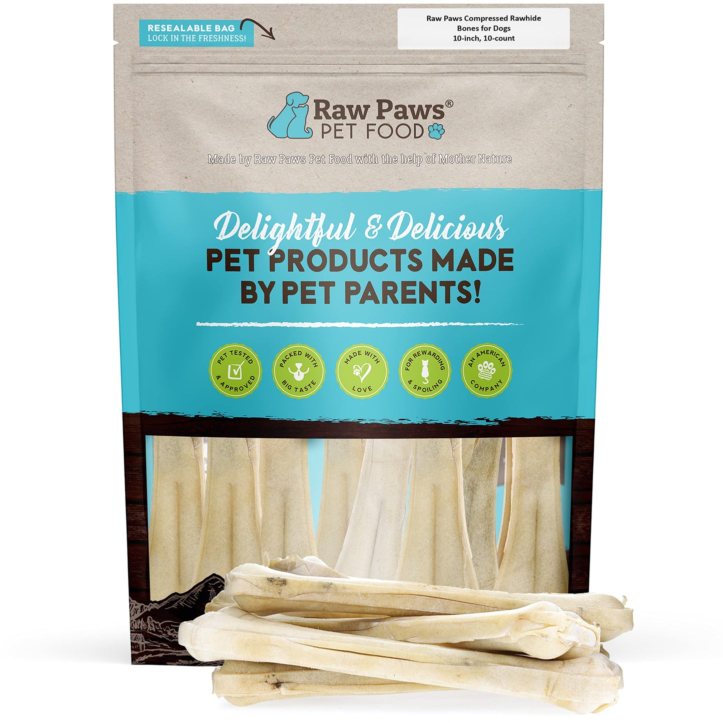 Raw Paws 10-inch Compressed Rawhide Bones for Dogs, 10-Count - Packed in USA - Long Lasting Dog Chews - Natural Pressed Rawhides - Large Dog Bones - Raw Hide for Aggressive Chewers