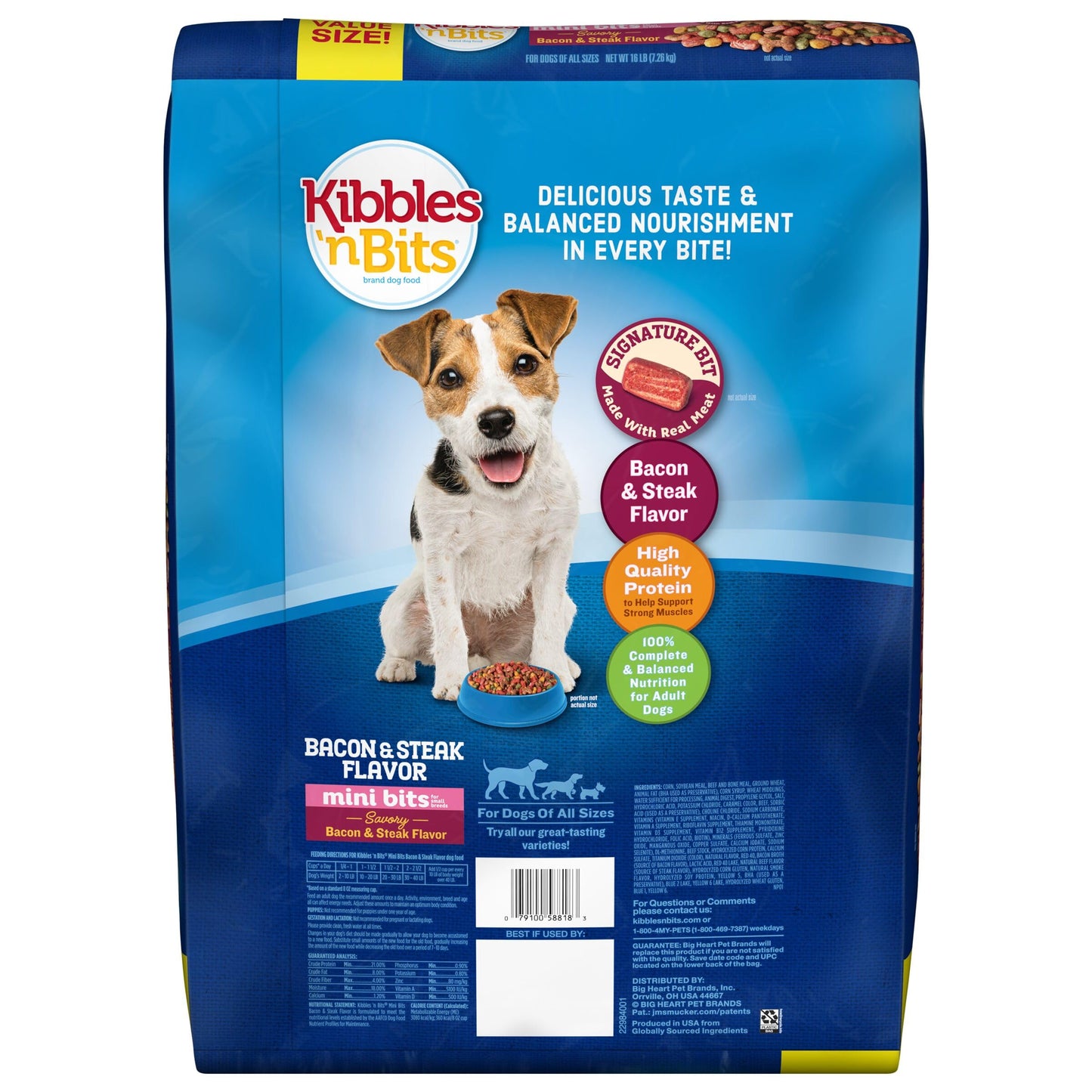 Kibbles 'n Bits Mini Bits Small Breed Dry Dog Food, Savory Bacon & Steak Flavor for Adult Dogs, 16 lb. Bag