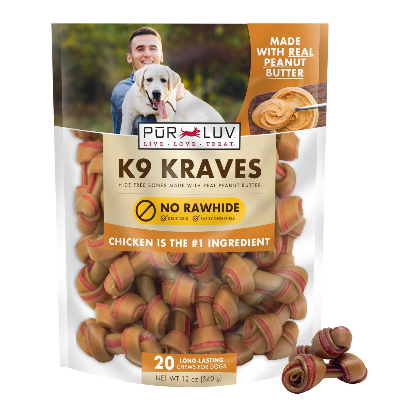 Pur Luv Dog Treats, K9 Kraves Rawhide Free Bone Dog Treat, Peanut Butter Flavor, Made with Real Peanut Butter and Chicken, 20 Count, Healthy, Easily Digestible, Long-Lasting, High Protein