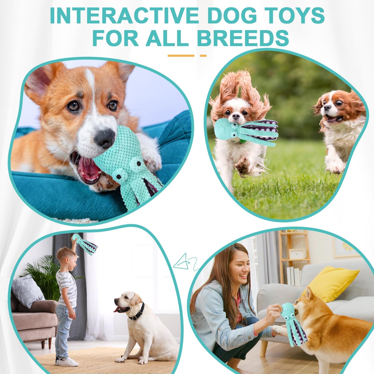 EXPAWLORER Octopus Dog Toy - Durable Interactive Dog Squeaky Toys Best Puppy Birthday Gift, Soft Stuffed Plush Toy with Crinkle Paper, Teeth Chew Toy for Small Small Medium Large Breed, Green