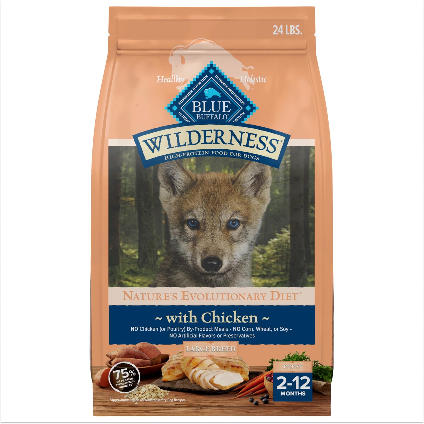 Blue Buffalo Wilderness High-Protein Dry Dog Food for Large Breed Puppies, Made in The USA with Natural Ingredients Plus Wholesome Grains, Chicken, 24-lb Bag.